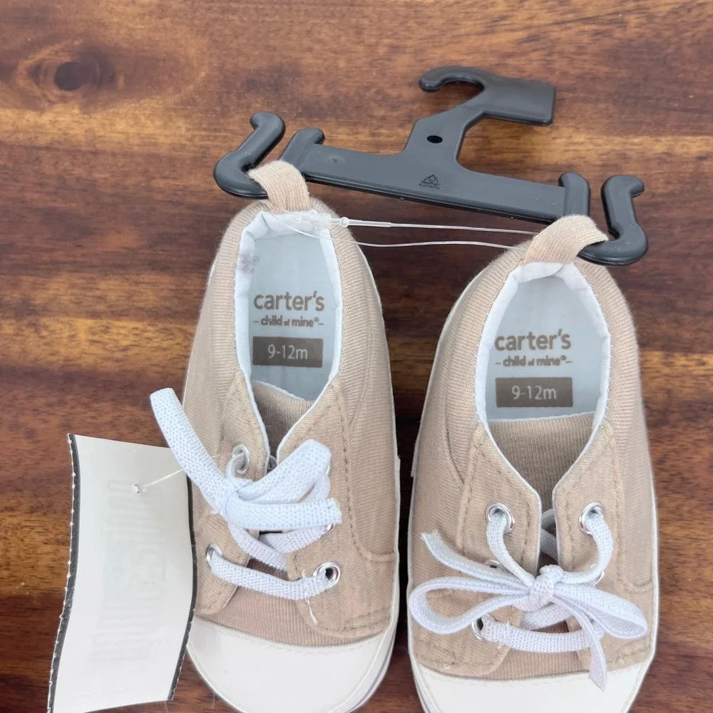 Carter's Child of Mine Sneakers Boys 9-12M Tan Canvas Lace Up Crib Shoes